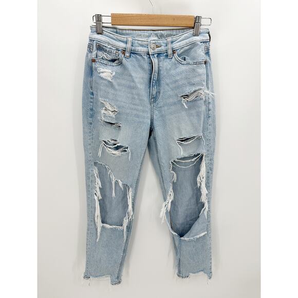 American Eagle Comfort Stretch Waistband Mom Jeans Light Wash Distressed Size 2 - Picture 1 of 8